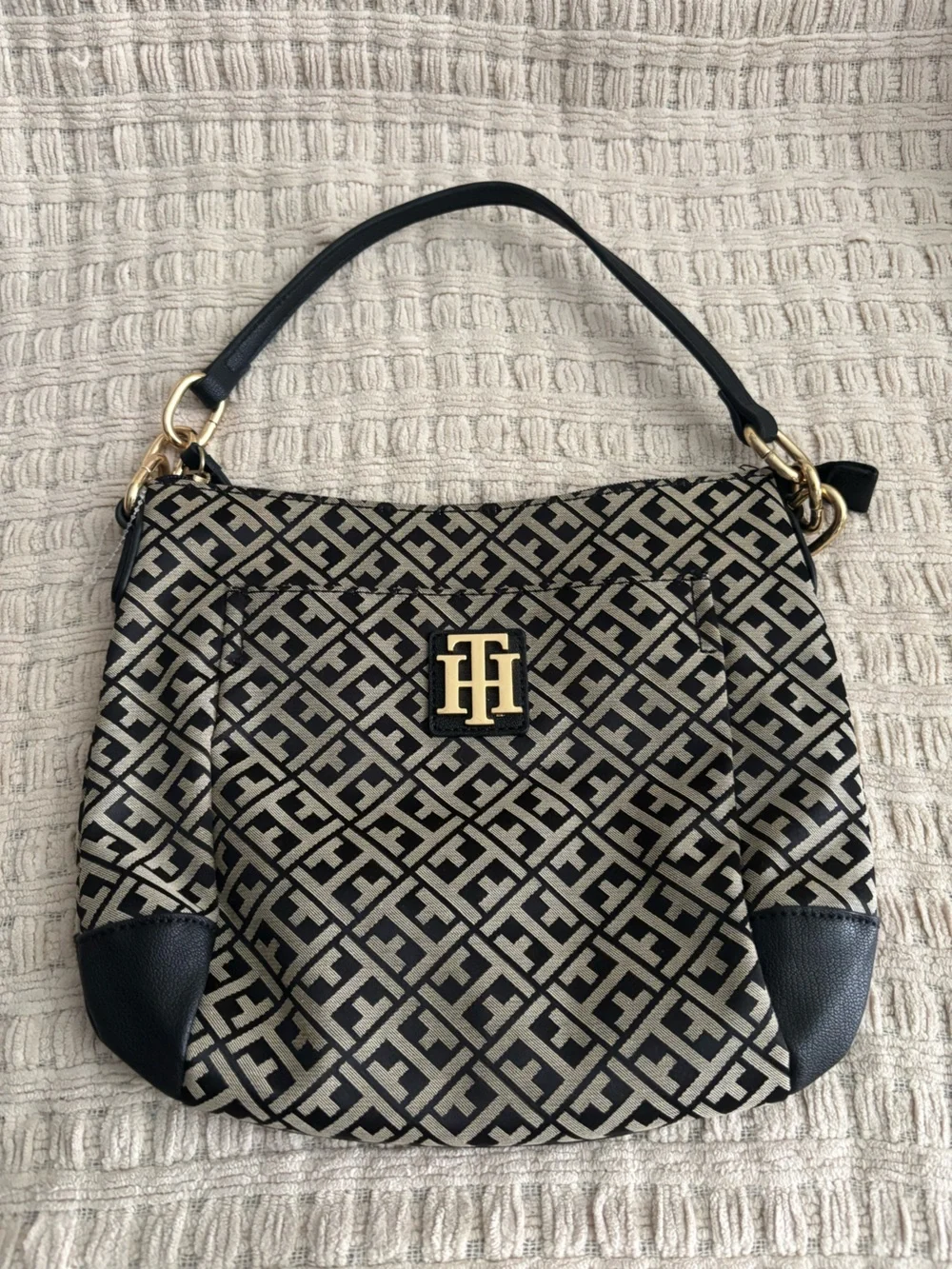 Tommy Hilfiger Black and Cream Monogram Shoulder Bag